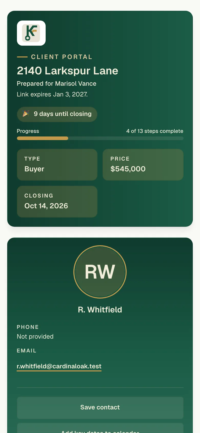 The KeyFlow client portal on a phone for 2140 Larkspur Lane: a 9-days-until-closing pill, 4 of 13 steps complete progress, the agent's contact card, and the closing path header.