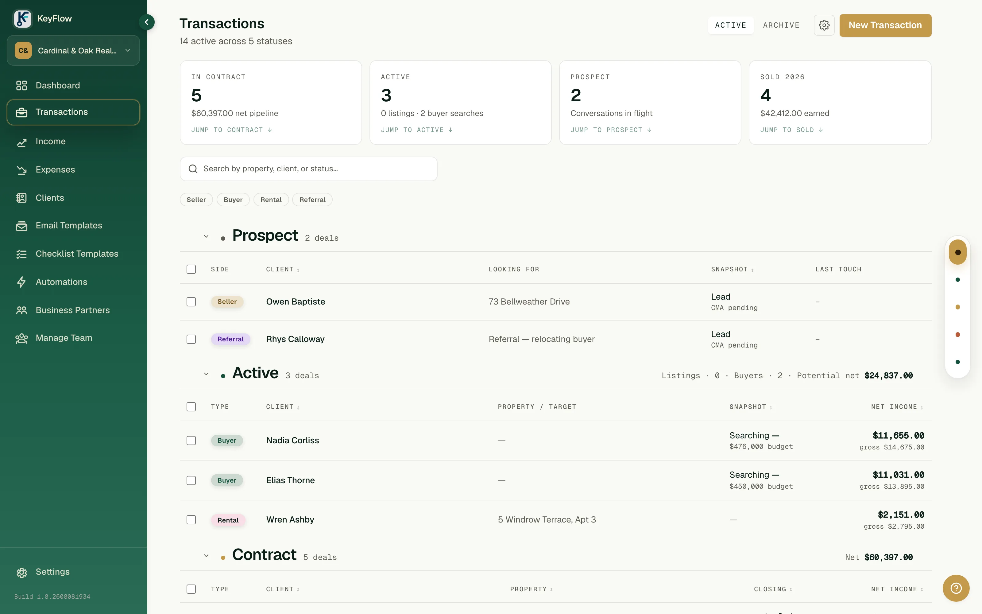 A detail of the KeyFlow transaction list: deals grouped by stage, each row carrying client type, property address, stage, and close date.