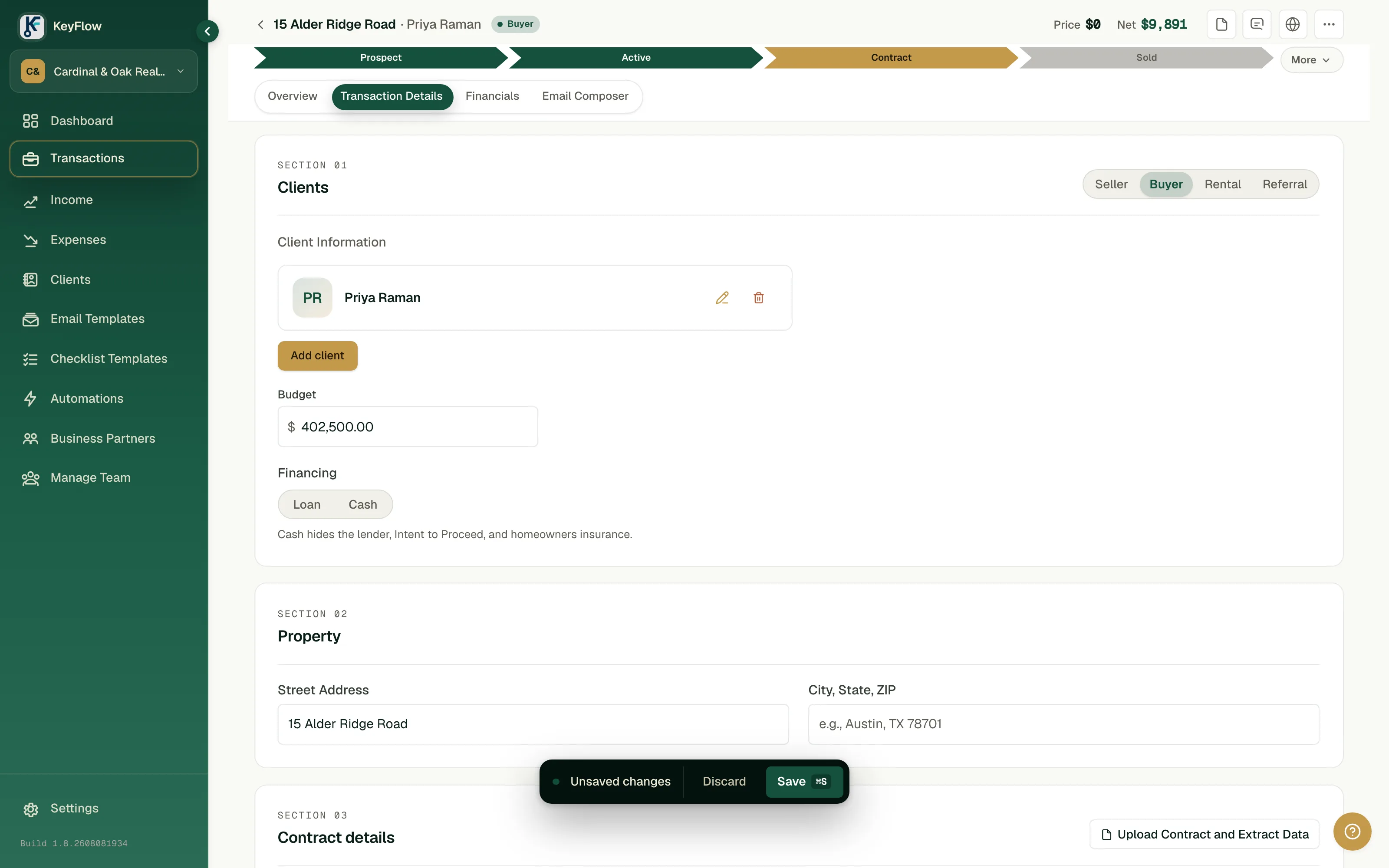 The KeyFlow contract extraction view, with values pulled from an uploaded purchase agreement populated into the transaction's key-dates fields.