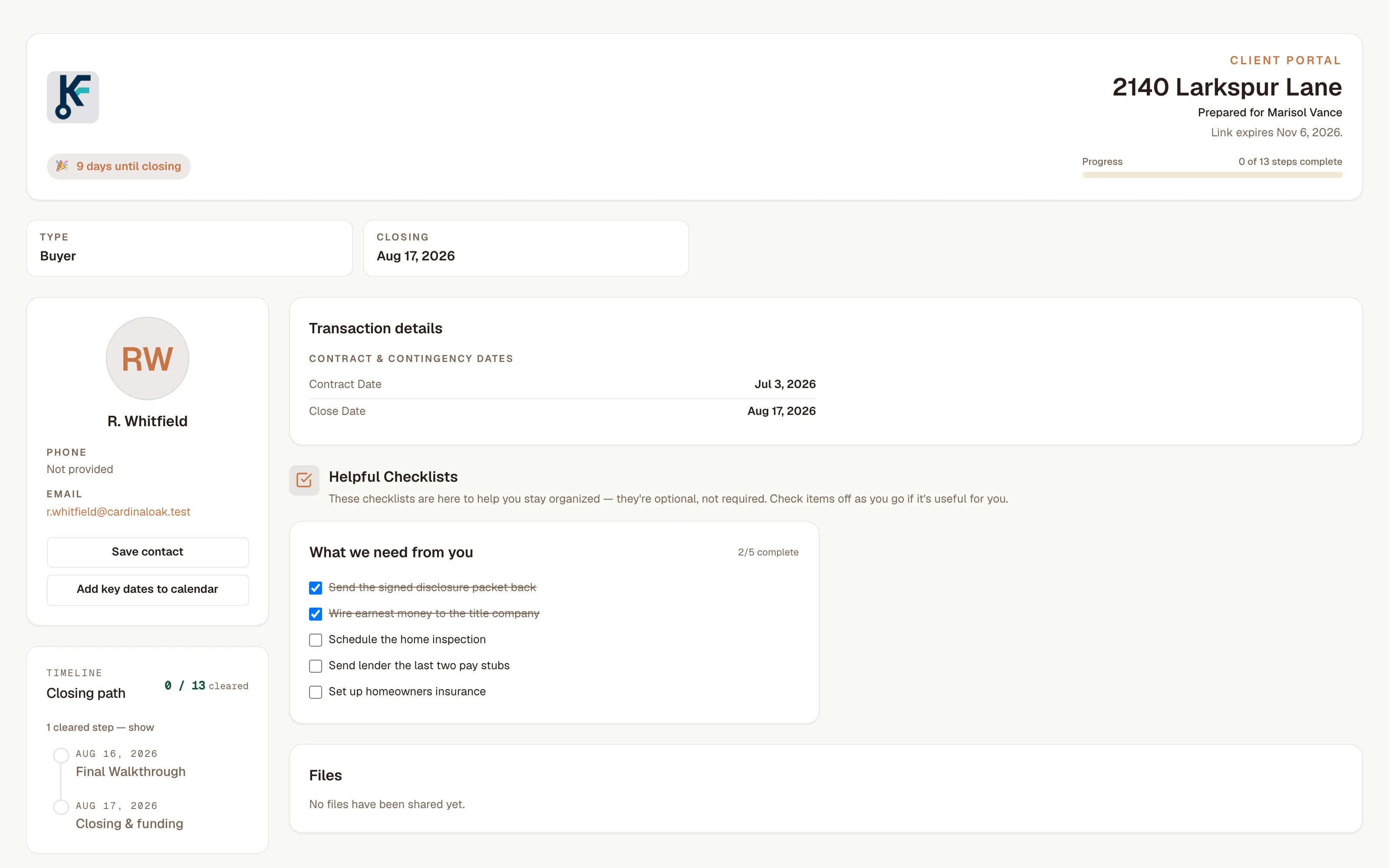 The KeyFlow client portal as a buyer sees it: property status, closing path milestones, checklist items, and shared documents.