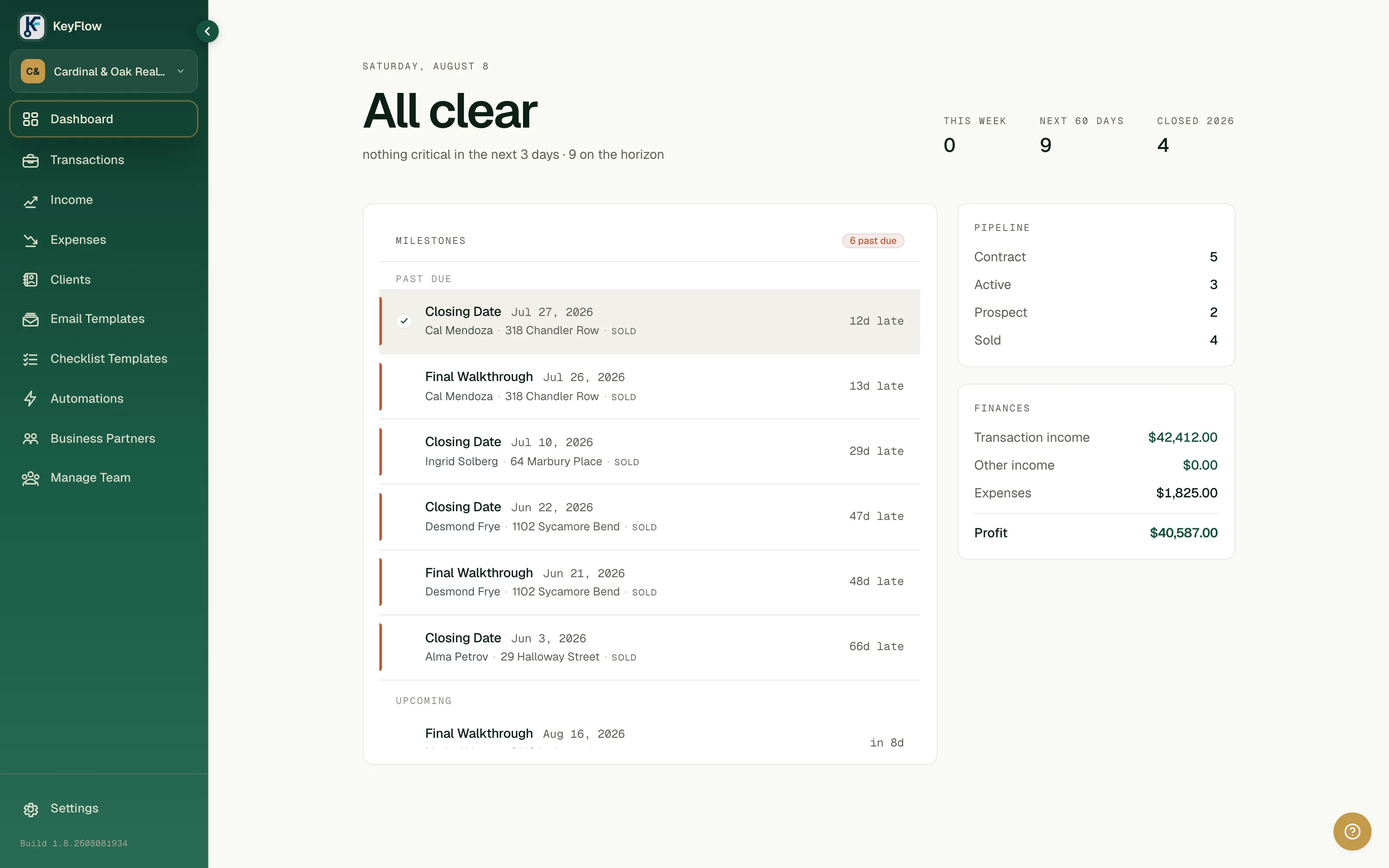 The KeyFlow dashboard showing income by month, expense totals, and year-to-date net against closed transactions.