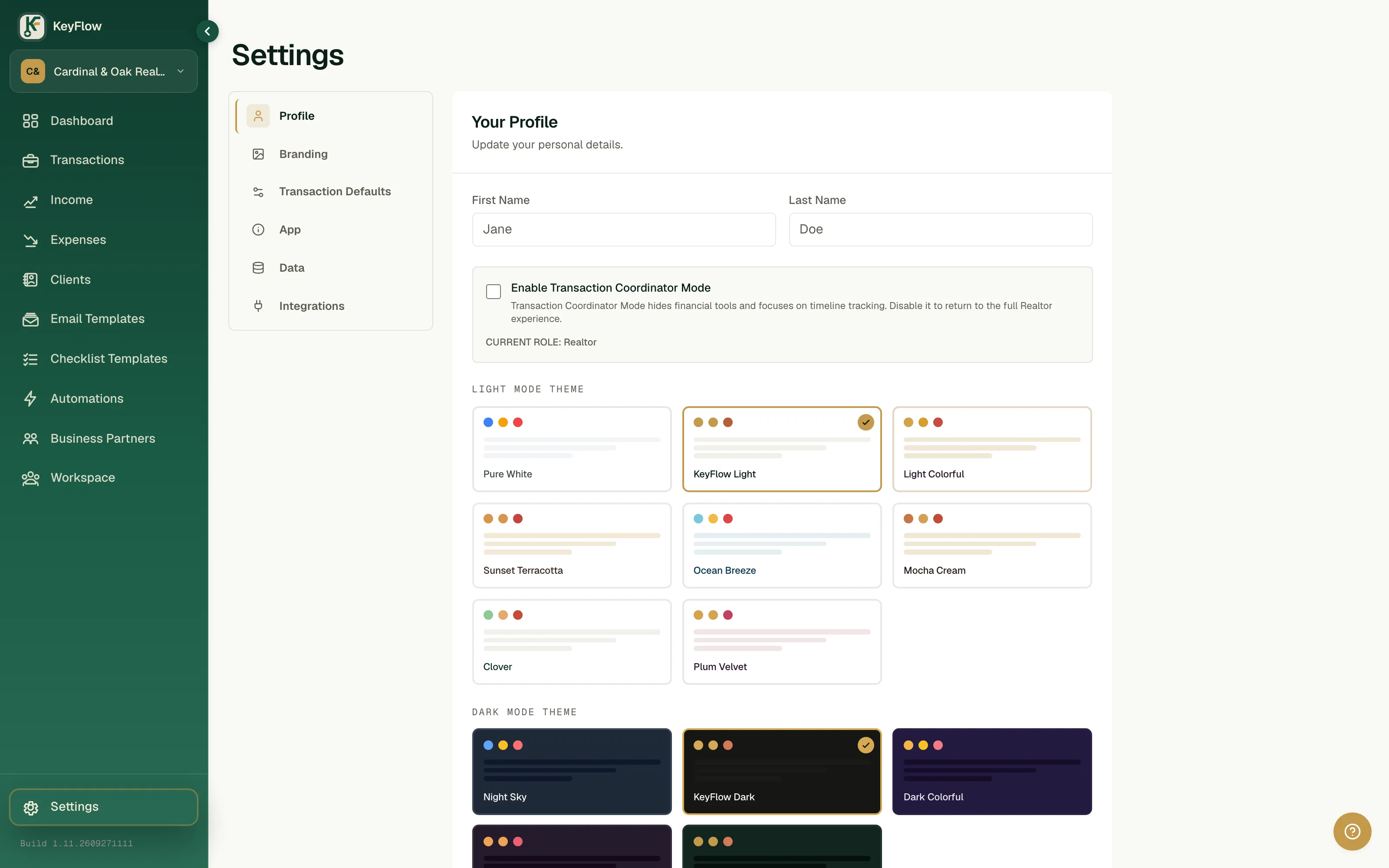 The KeyFlow Settings page with the Profile tab open, and the list of Settings tabs on the left, including Data, where the export lives.