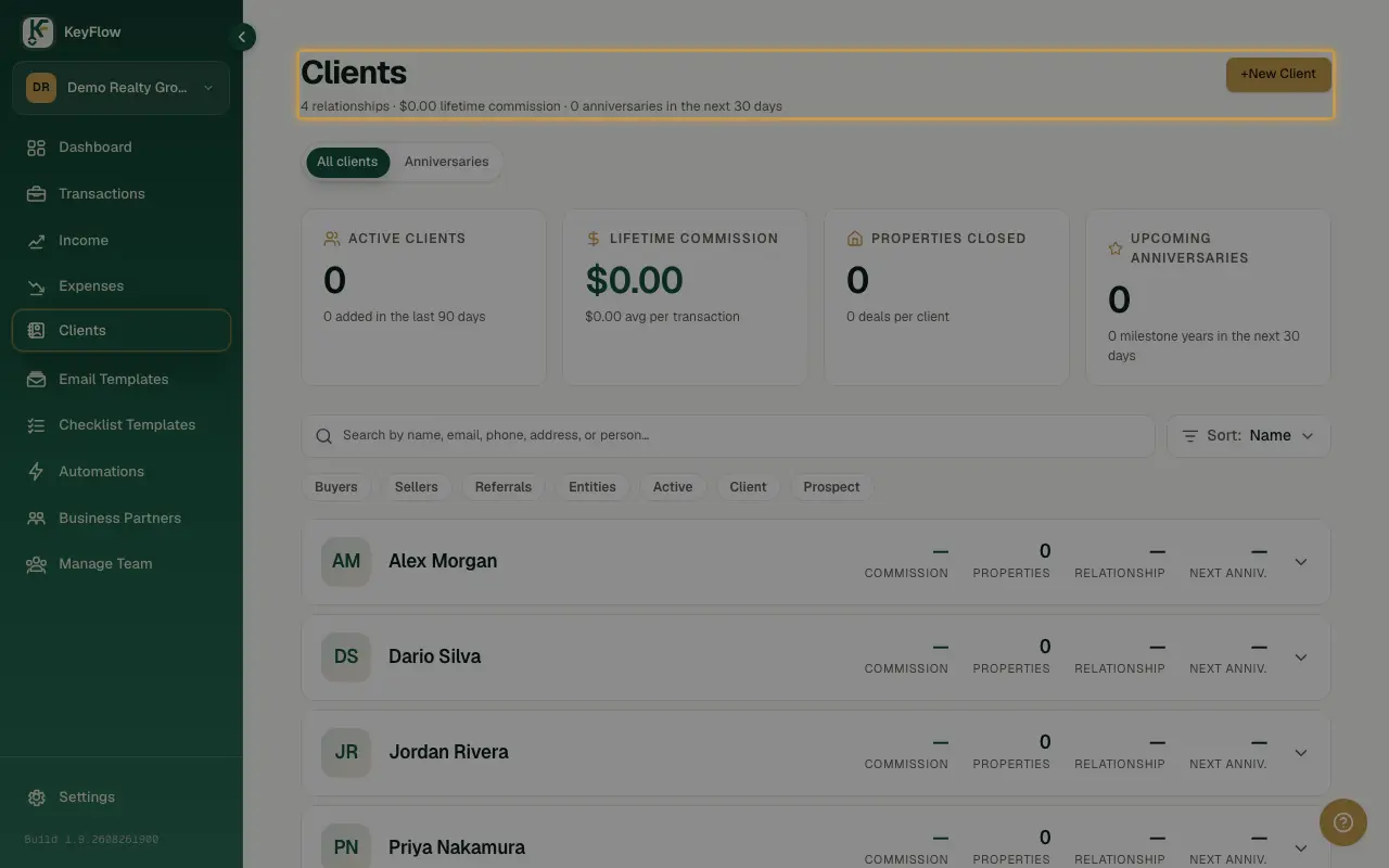 The Clients page header, where a new client's search box also searches Google Contacts once the owner has connected one.