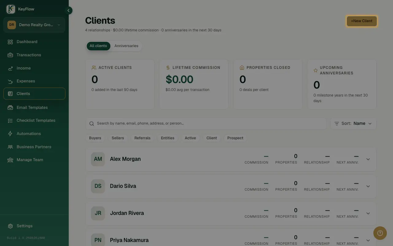 The New client form in KeyFlow, for a name, email, phone, and relationship notes.