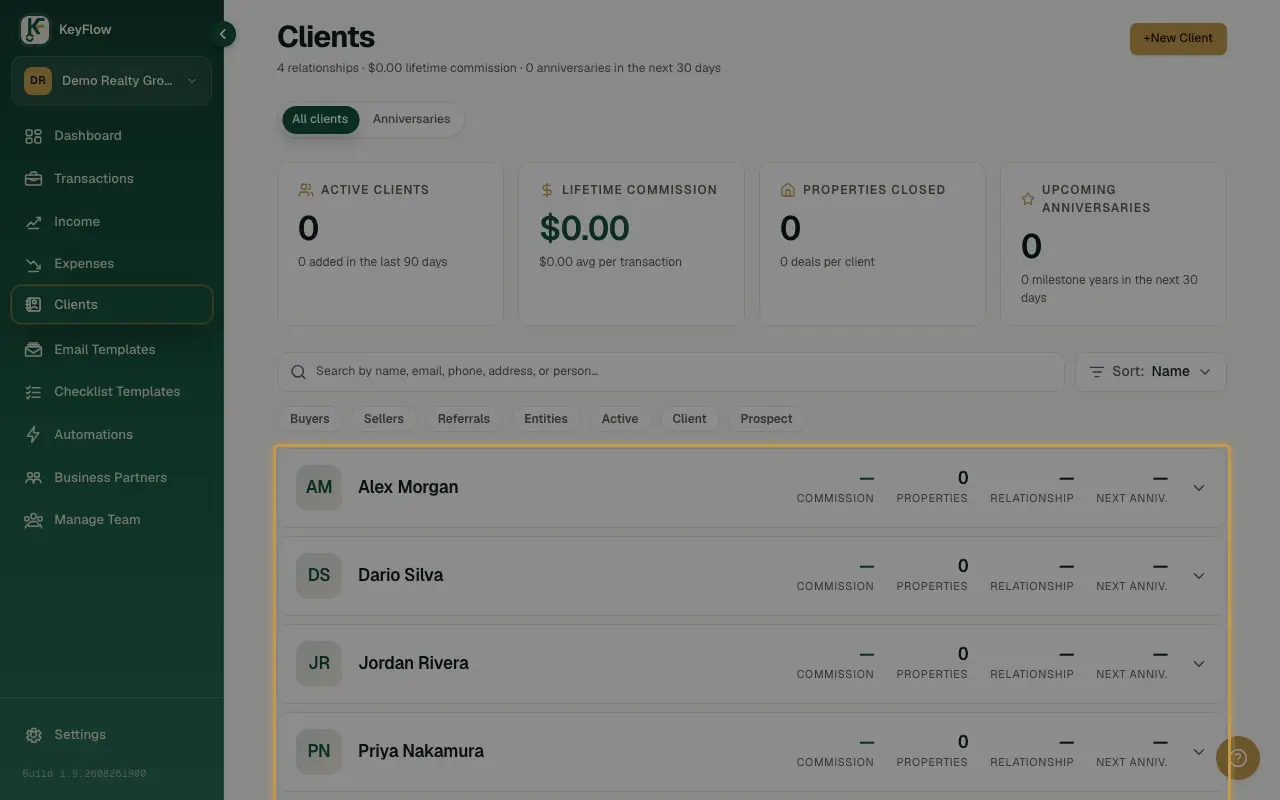 The Clients list in KeyFlow, with the search bar and filters above each card.