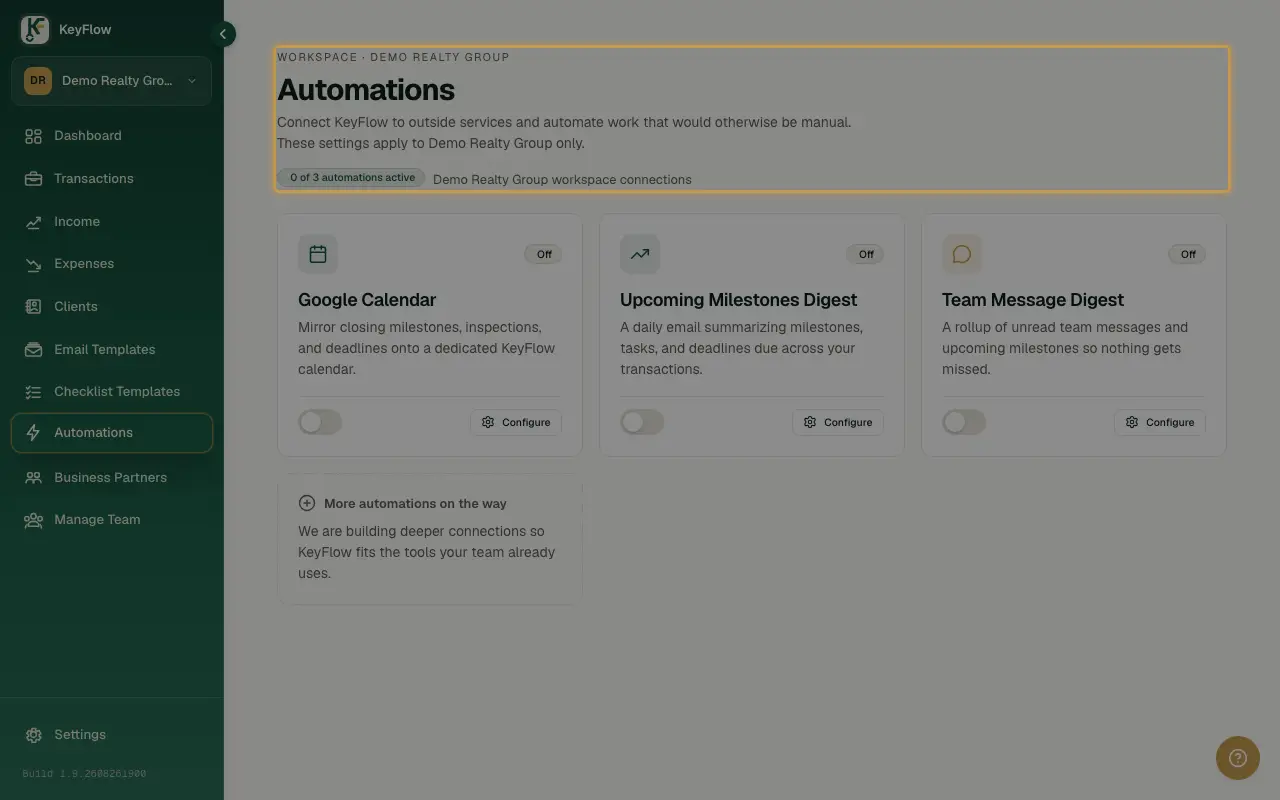 The Automations page header, for workspace-wide integrations.