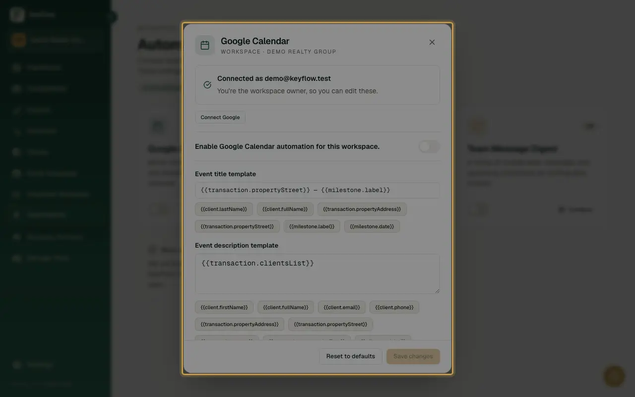 The Google Calendar Configure modal.