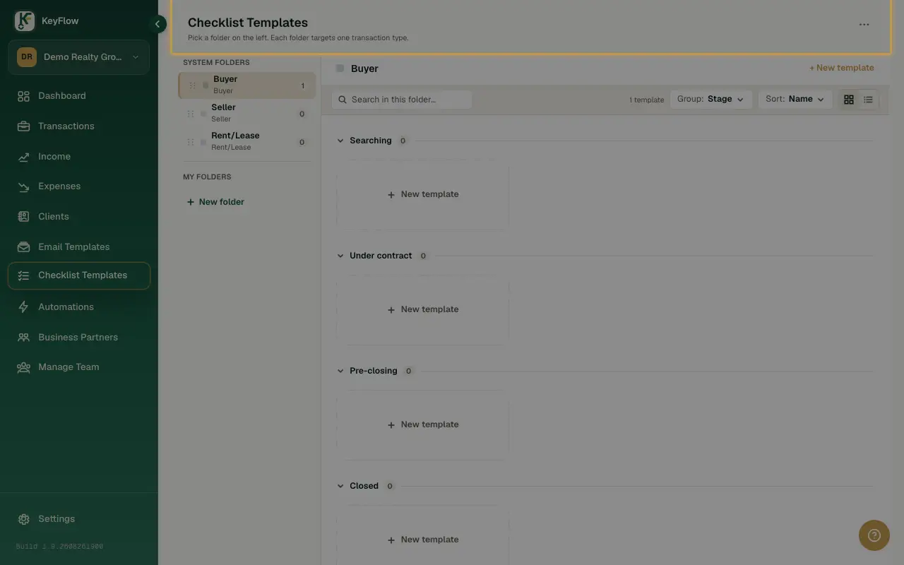 The Checklist Templates page header.