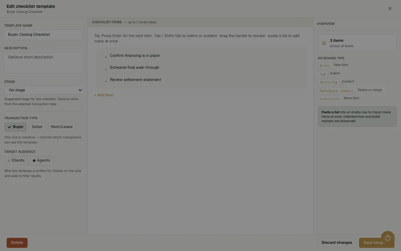 The Checklist Template editor pane, with Transaction type, Target audience, and the outline.