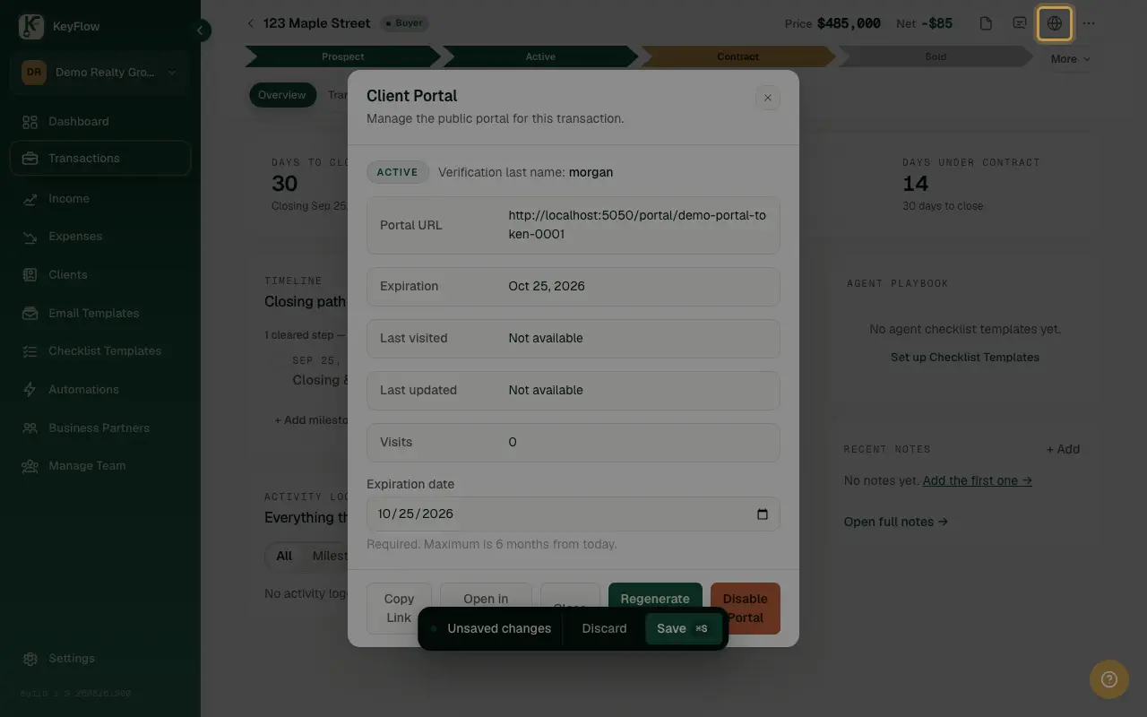 The Client portal control in the transaction header, shown as a globe icon.
