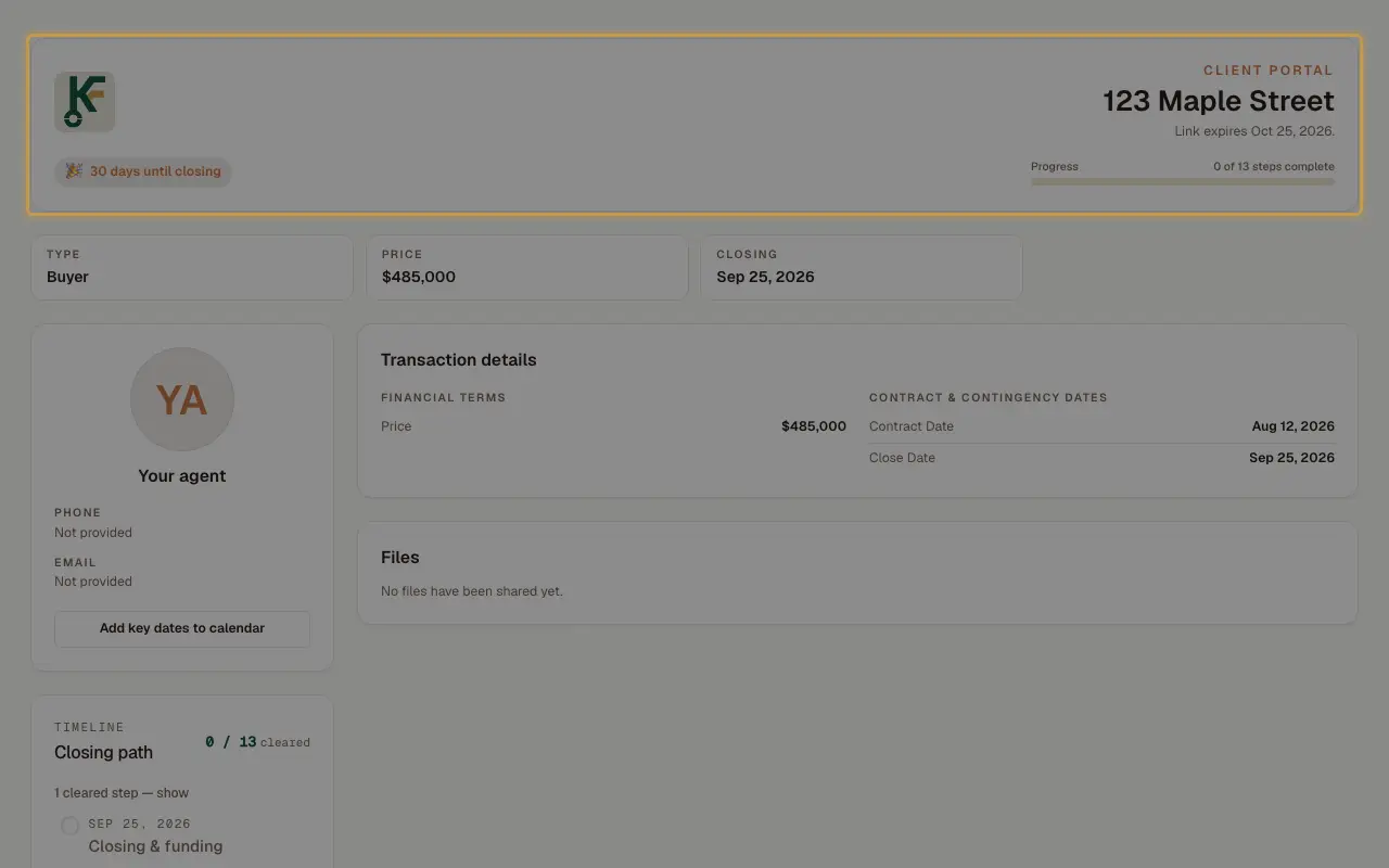 The client portal's header, with the workspace logo and the property address.