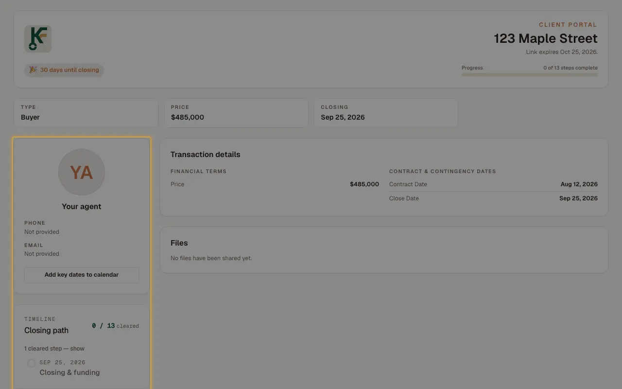 The client portal's agent-contact card and closing-path timeline column.