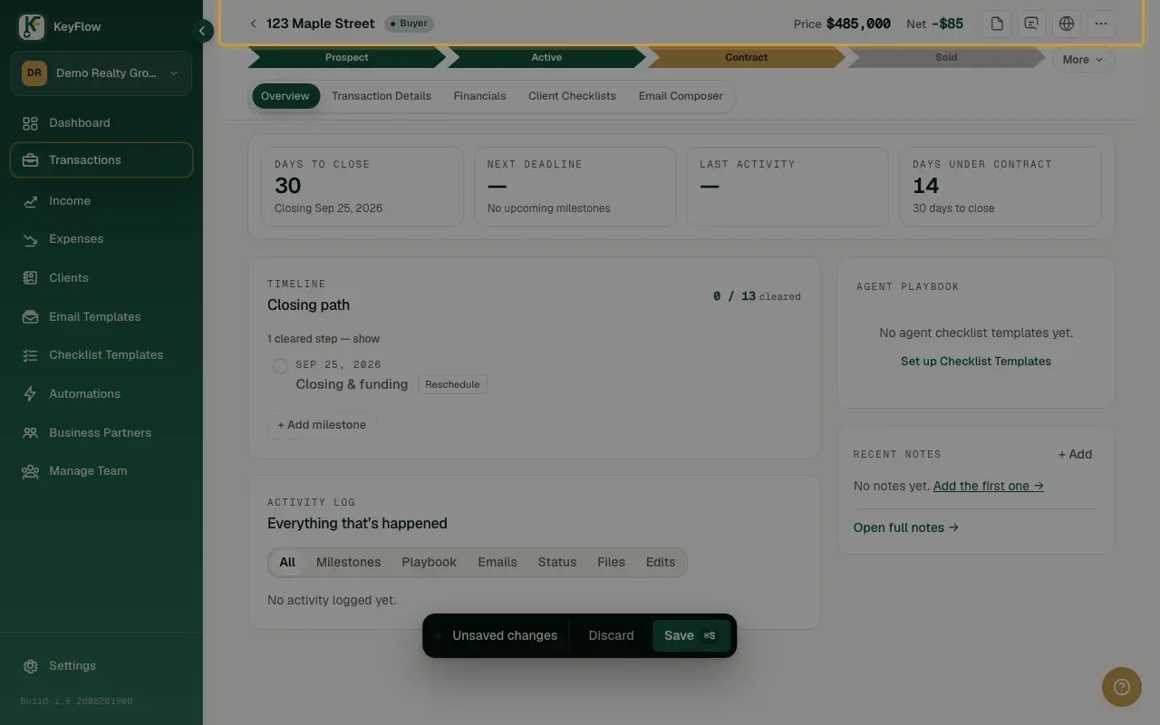 The Overview tab's entry point on a transaction, where the closing path timeline lives.