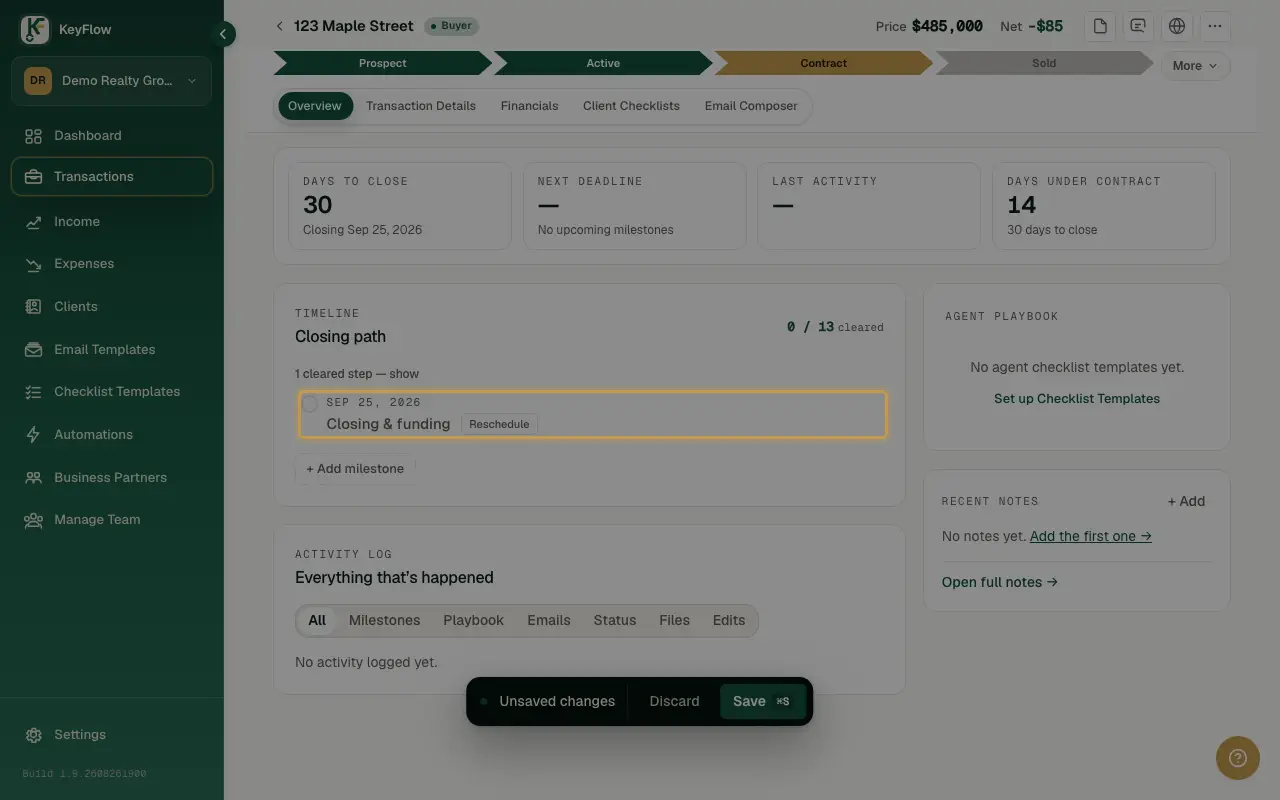 The closing path's milestone timeline, listing every applicable milestone in a fixed order.