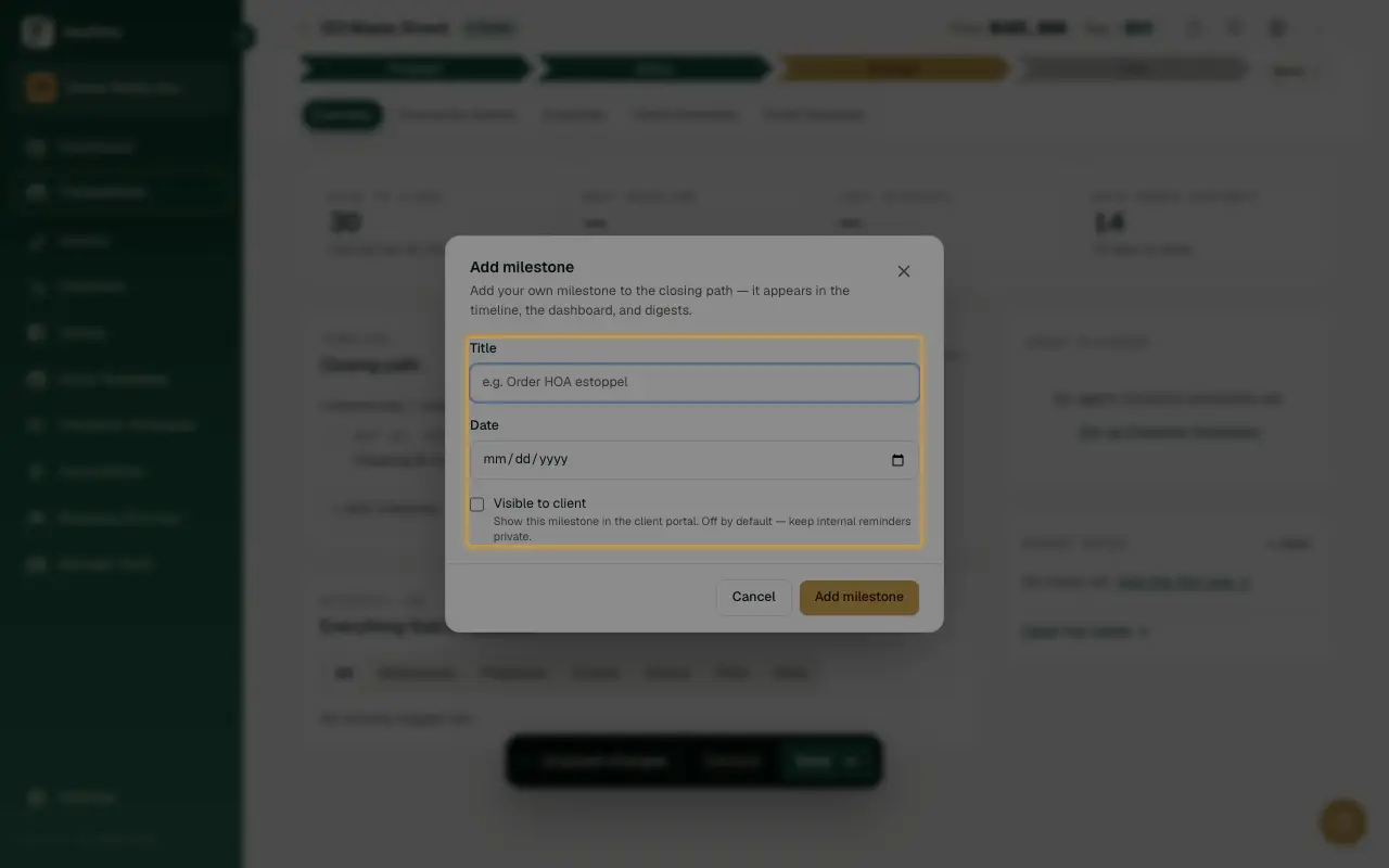 The custom milestone dialog, with fields for title, date, and a visible-to-client toggle.