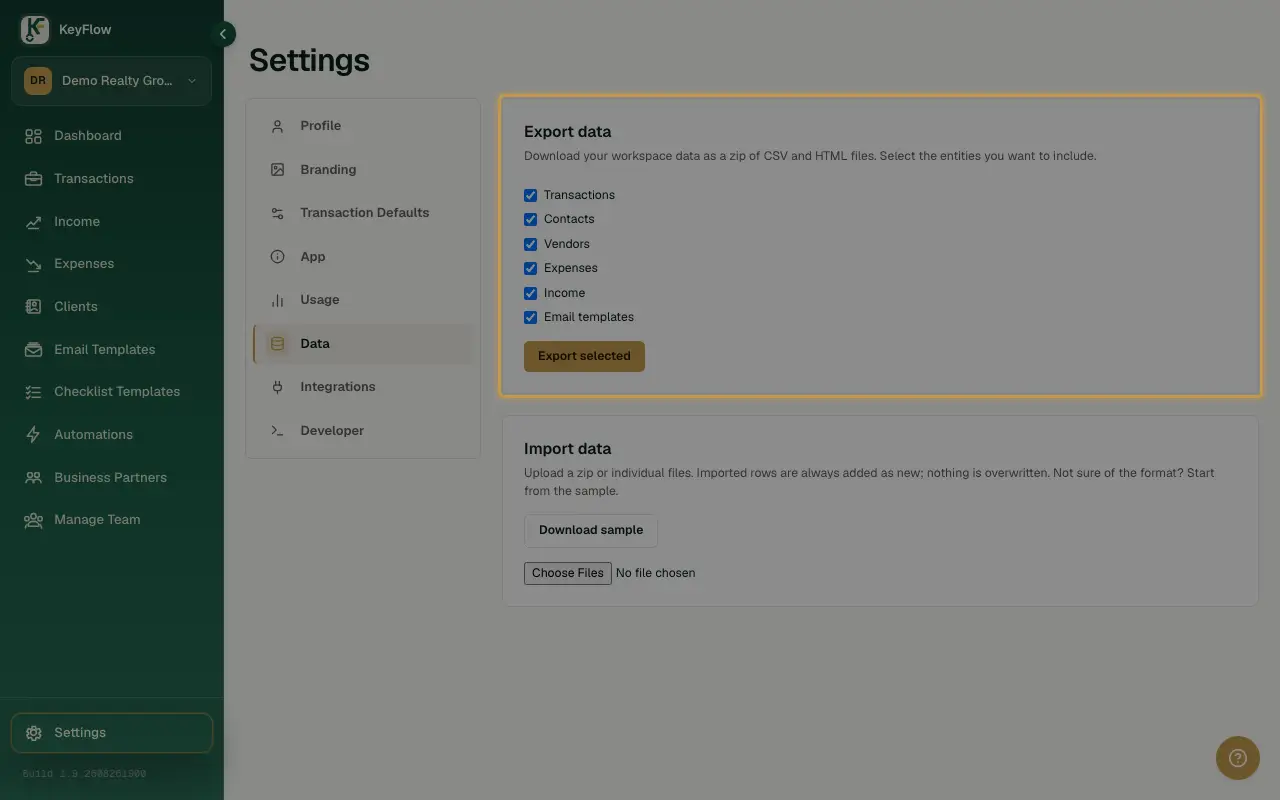 The Settings Data tab's Export control, for a CSV/HTML zip.