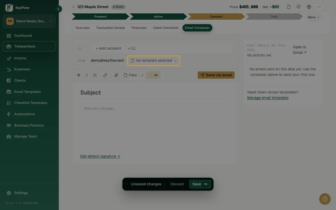 The template picker on a transaction's Email Composer tab.
