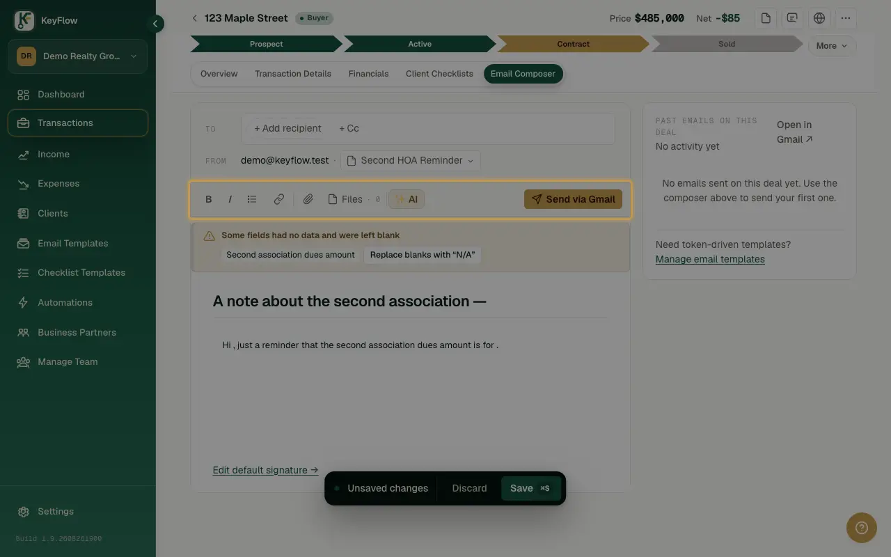 The toolbar's attachment tools and Send via Gmail button.