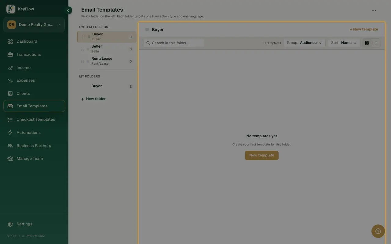 The Email Templates page's folder list, organized by transaction type.