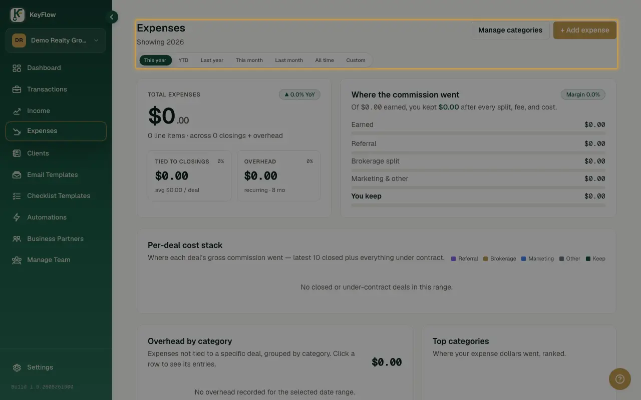 The Expenses page header, with the date-range filter used to view spending by period.