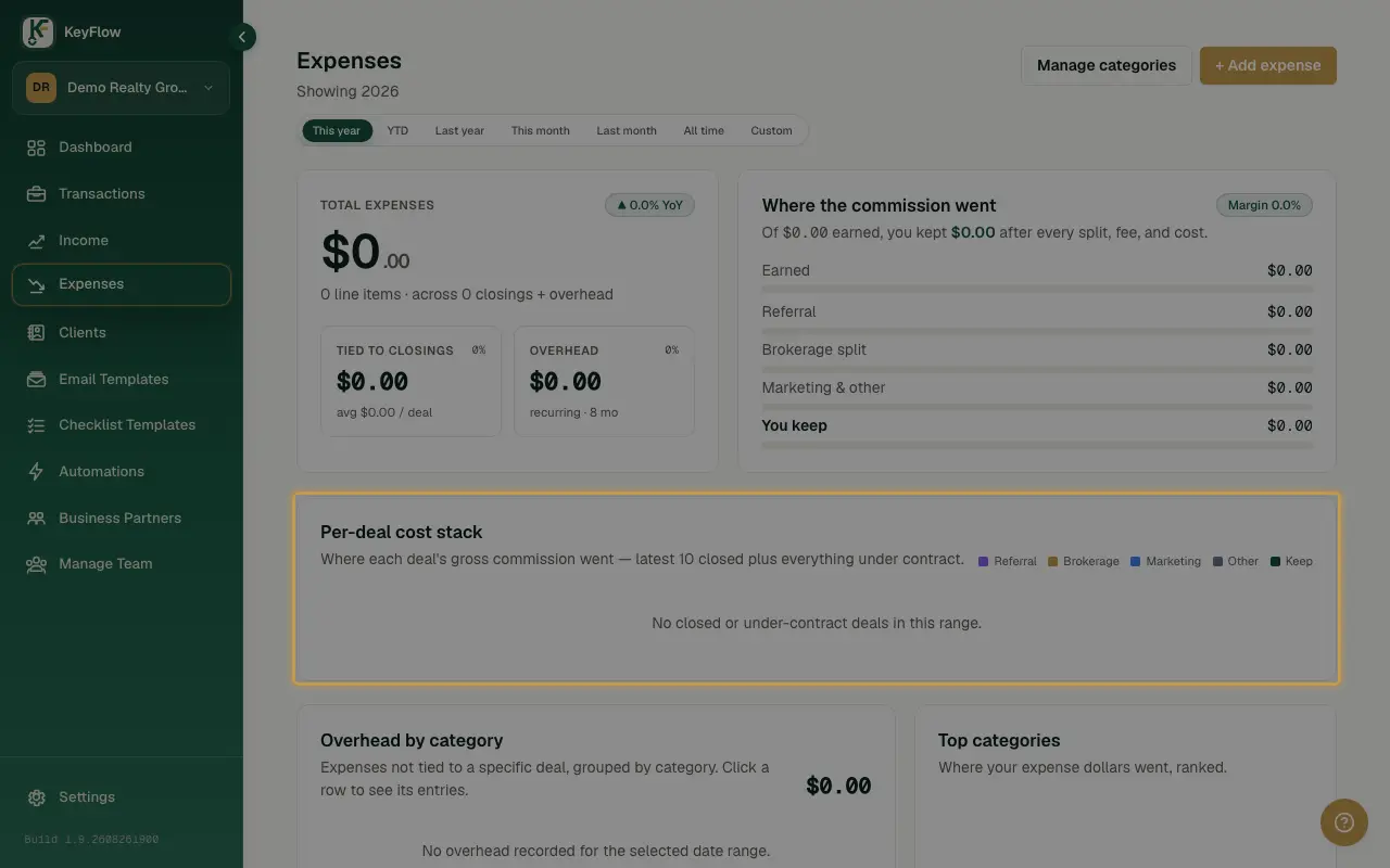 The Expenses page's per-deal cost stack card, distinct from the workspace's overhead total.