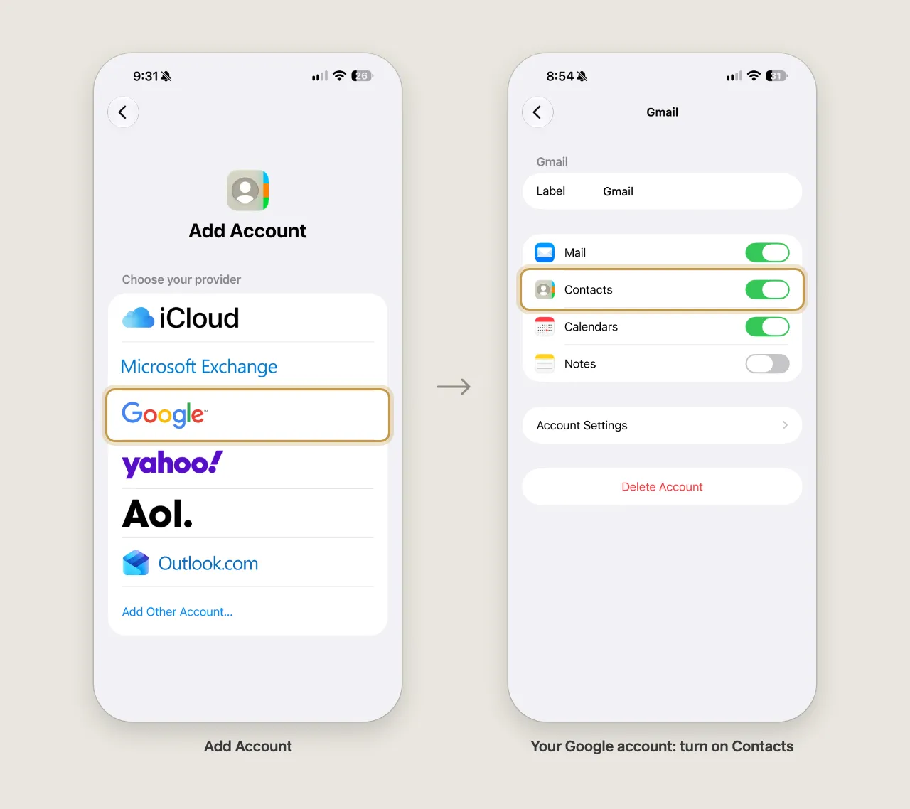 Two iPhone screenshots: the Add Account provider list with Google highlighted, then the Gmail account screen with the Contacts switch turned on and highlighted.