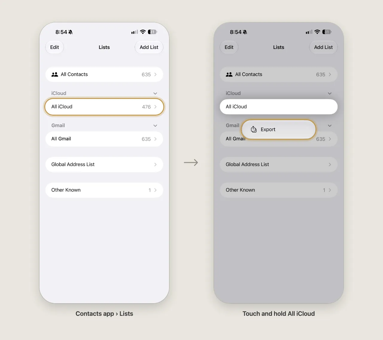 Two iPhone screenshots: the Contacts app's Lists screen with All iCloud highlighted, then All iCloud held down with its Export menu highlighted.