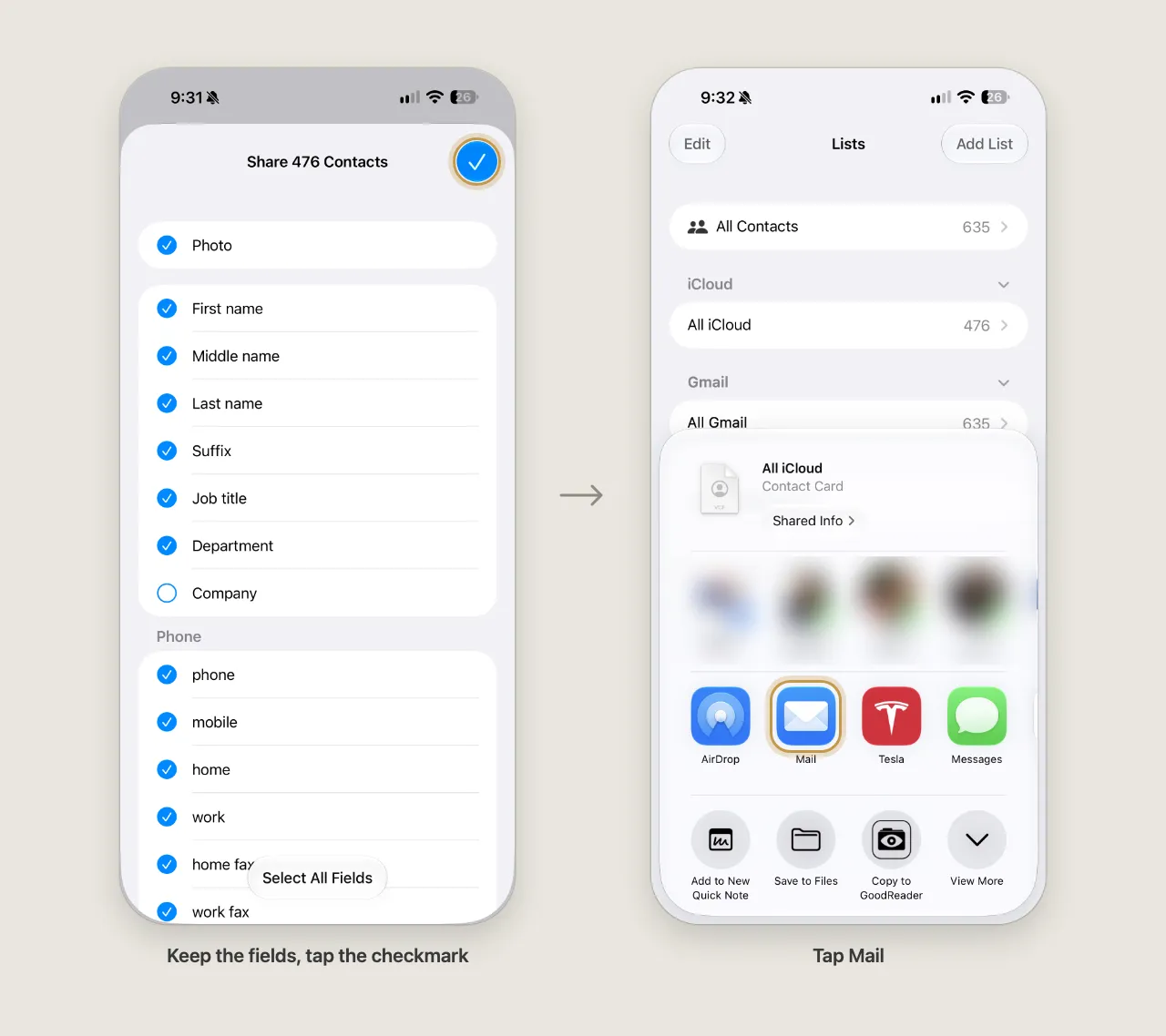 Two iPhone screenshots: the Share 476 Contacts field list with the checkmark button highlighted, then the share sheet for the All iCloud contact card with Mail highlighted.