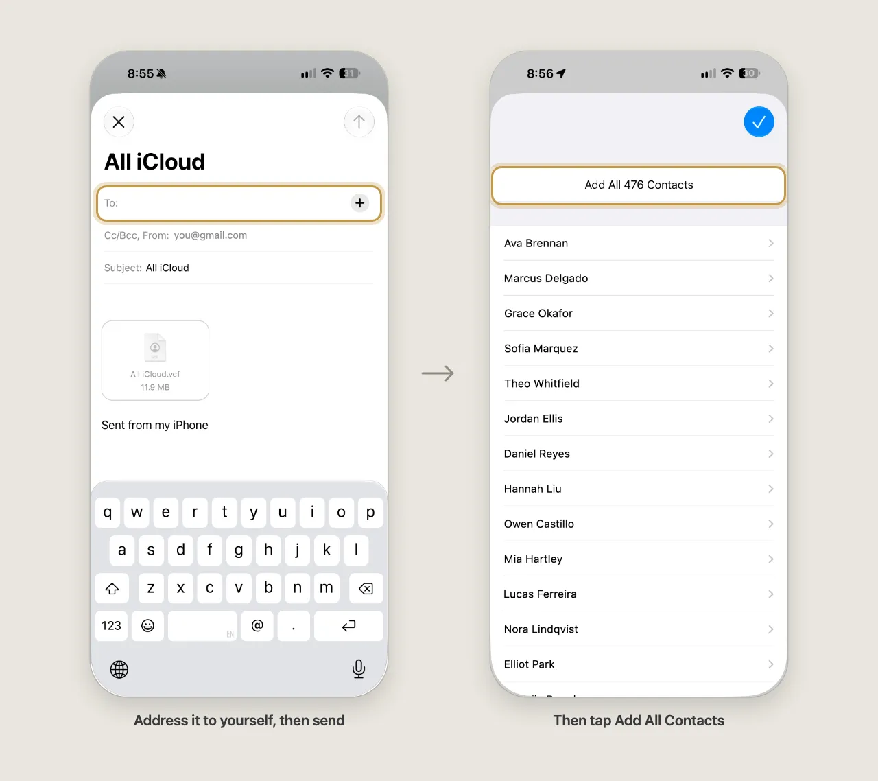 Two iPhone screenshots: the new email with the All iCloud.vcf attachment and the To field highlighted, then the opened card list with Add All 476 Contacts highlighted at the top.