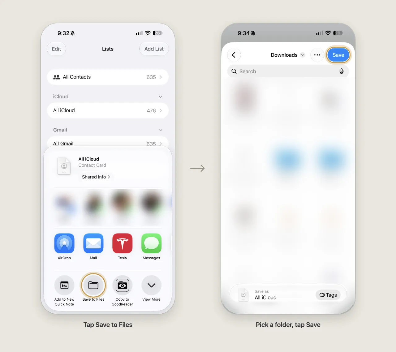 Two iPhone screenshots: the share sheet with Save to Files highlighted in its bottom row, then the folder picker with the Save button highlighted and the file named All iCloud.