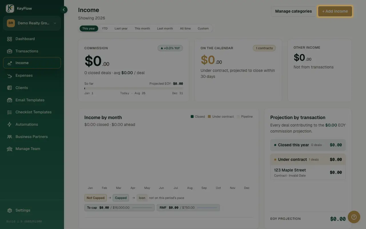 The Add Income form in KeyFlow, open above the monthly income chart.
