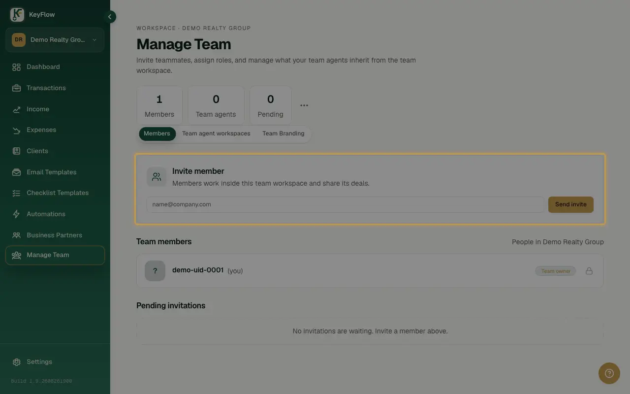 The Manage Team page's Invite member card, with an email field and Send invite button.