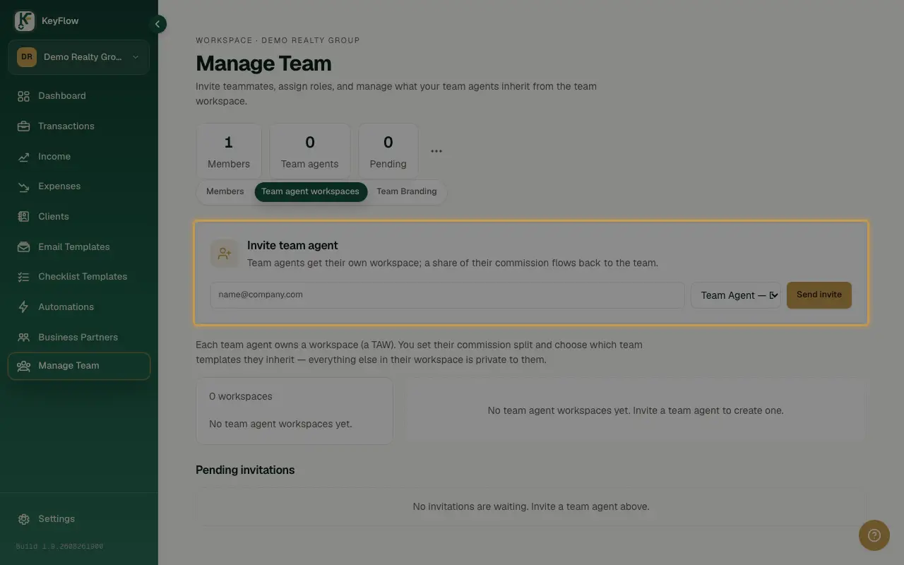 The Team agent workspaces tab's Invite team agent card, with an email field, plan tier picker, and Send invite button.