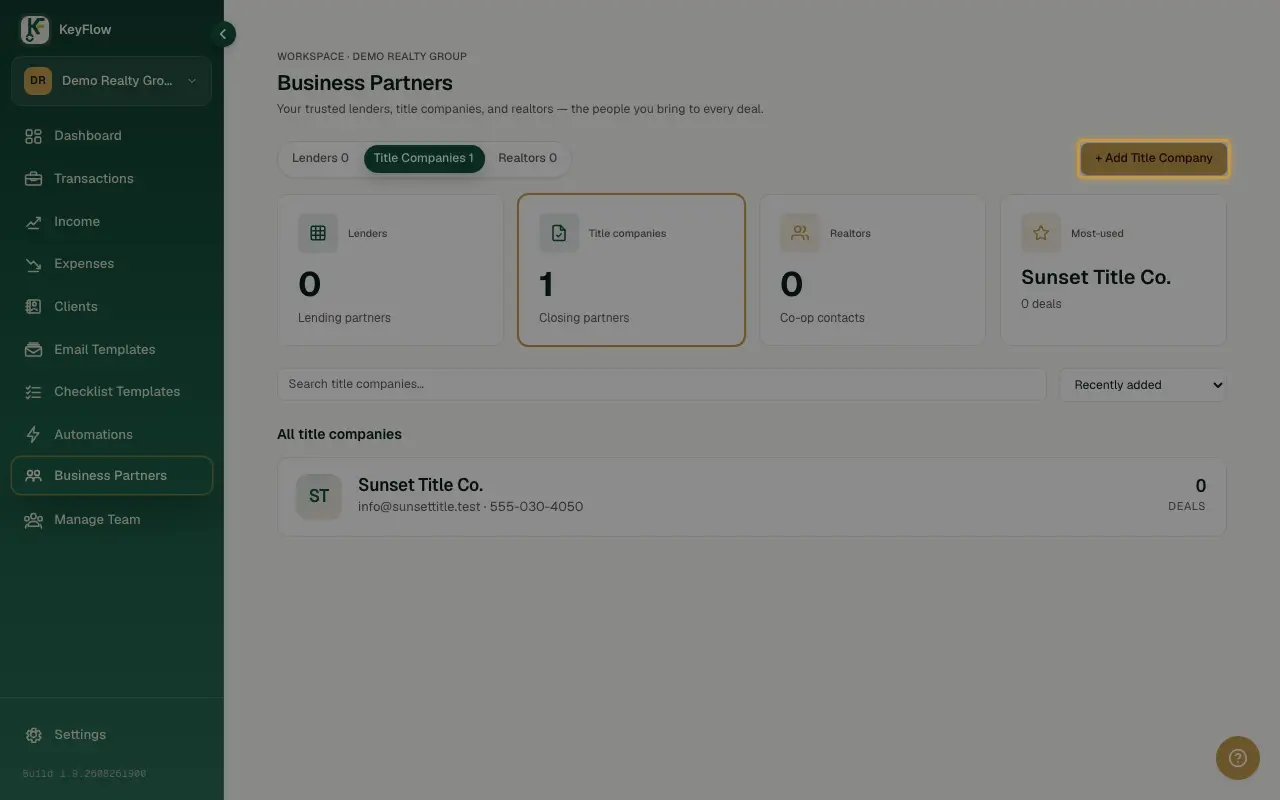 The Add partner form on the Business Partners page in KeyFlow, with the First name, Last name, Company, Email, and Phone fields.