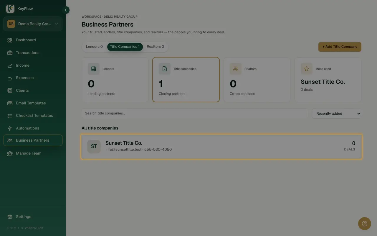 The Business Partners page's roster, on the Title Companies tab.