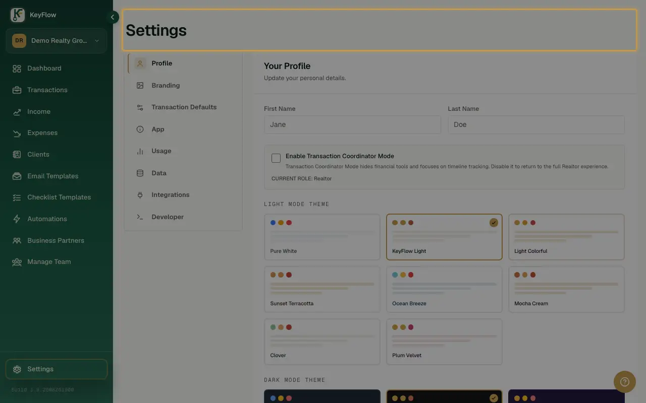 The Settings page header, for profile, branding, and integrations.