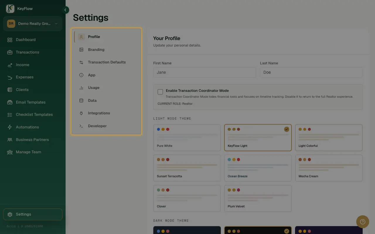The Settings page's left rail, listing Profile, Branding, Transaction Defaults, App, Usage, Data, and Integrations.