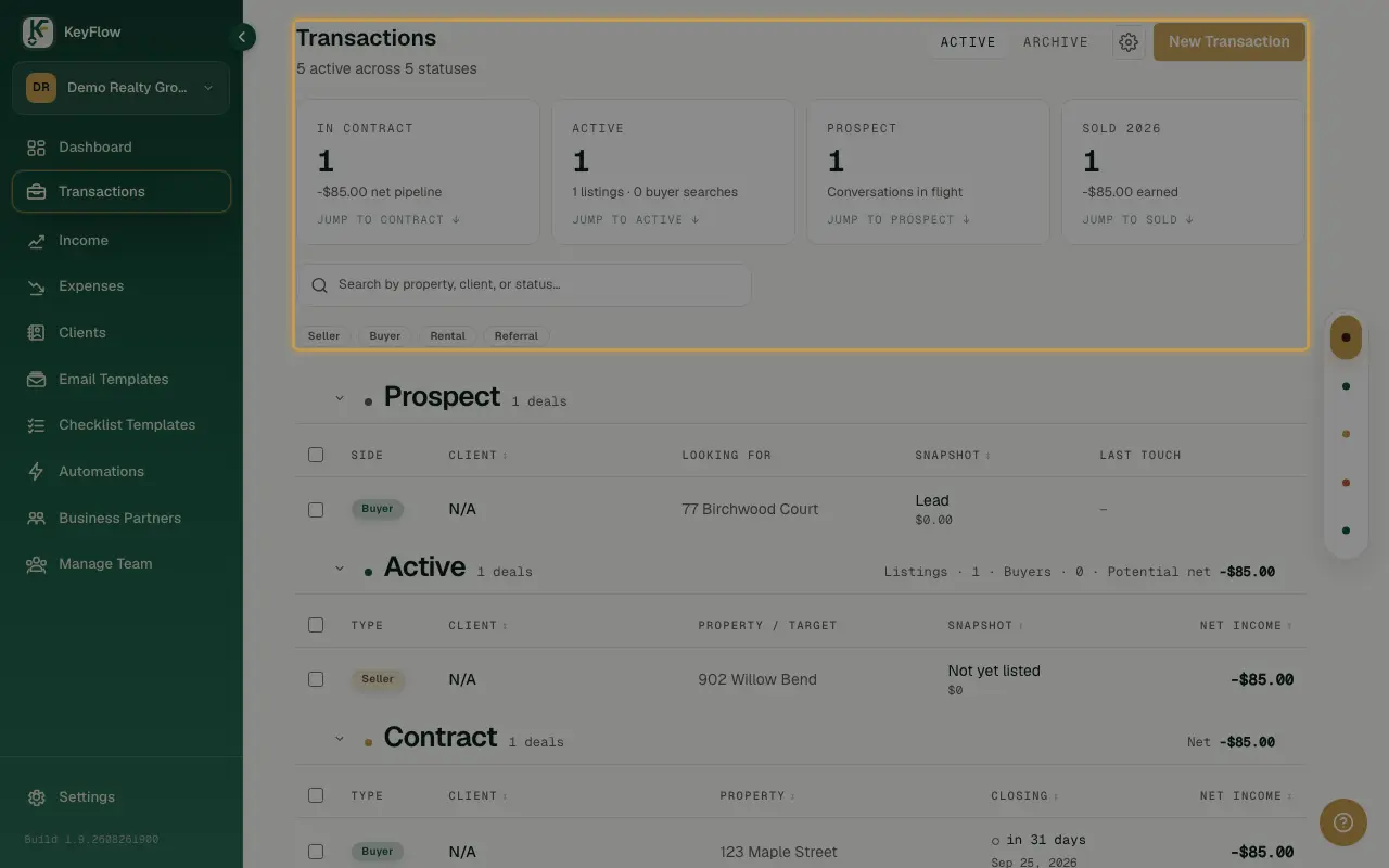 The Transactions page header, with the List/Board view toggle used to open a deal.