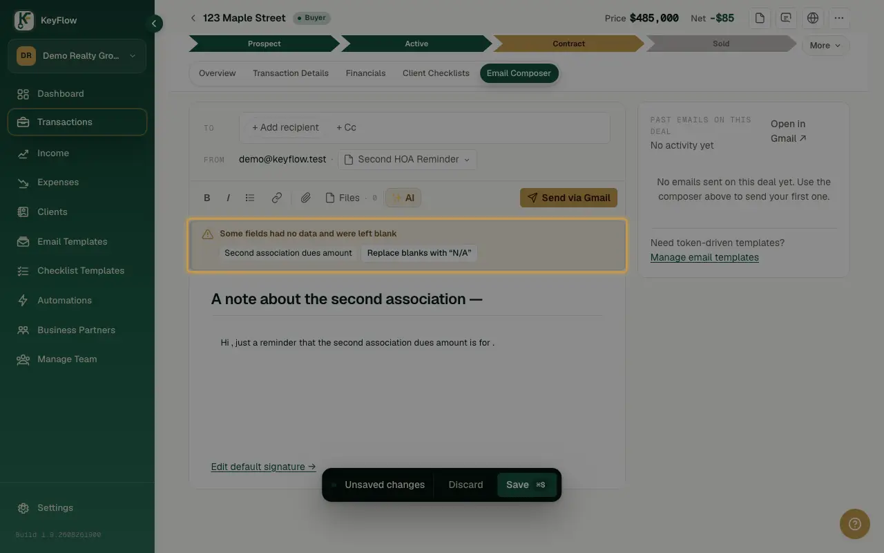 The Email Composer tab's warning strip for fields that resolved blank.
