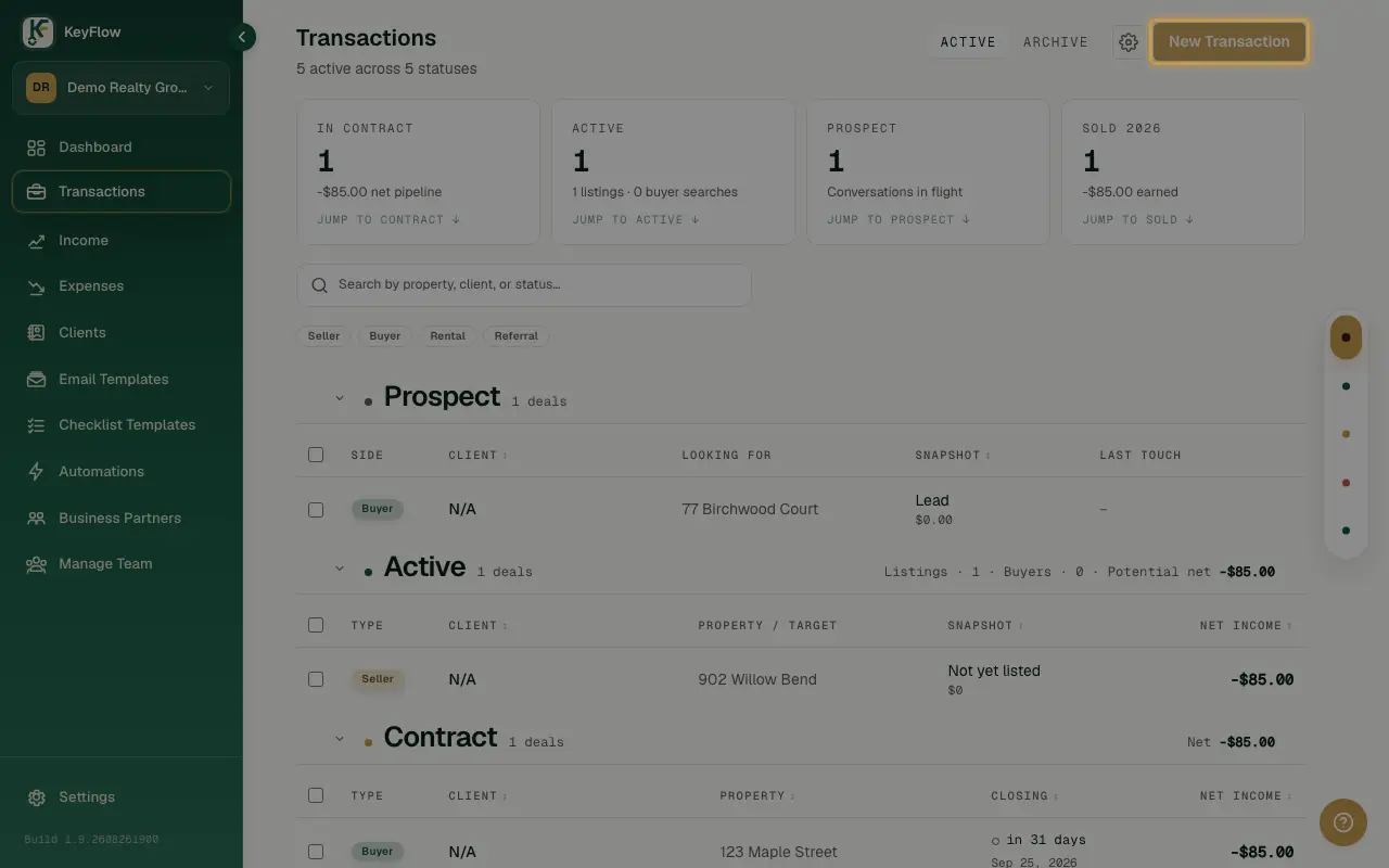 The New Transaction form in KeyFlow, showing the Client Type toggle, Status, and Client(s) fields.