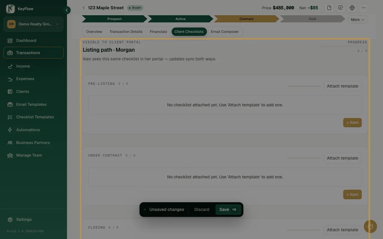 The Client Checklists tab, synced to the client portal.