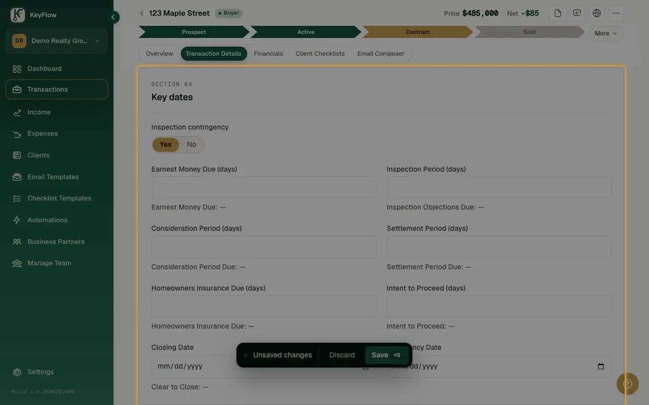 The Transaction Details tab's Key dates section, for closing date and contingency periods.