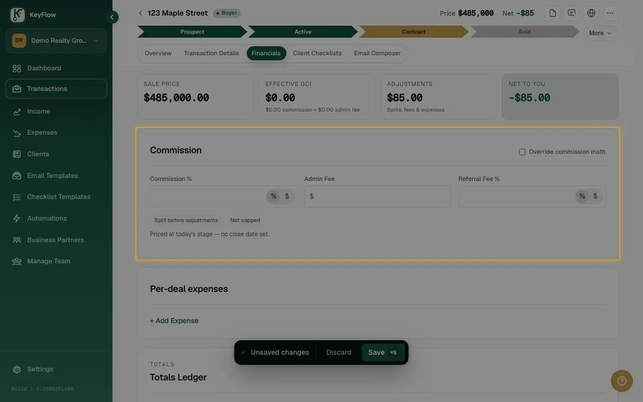 A transaction's Financials tab, showing the Commission section's split, cap, and fees.