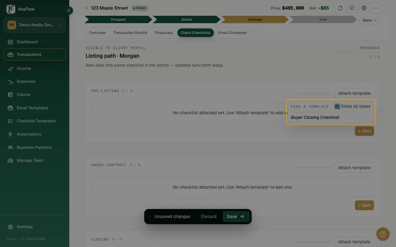 The Attach template picker on a deal's Client Checklists tab, with Show all types checked to list templates regardless of Transaction type.