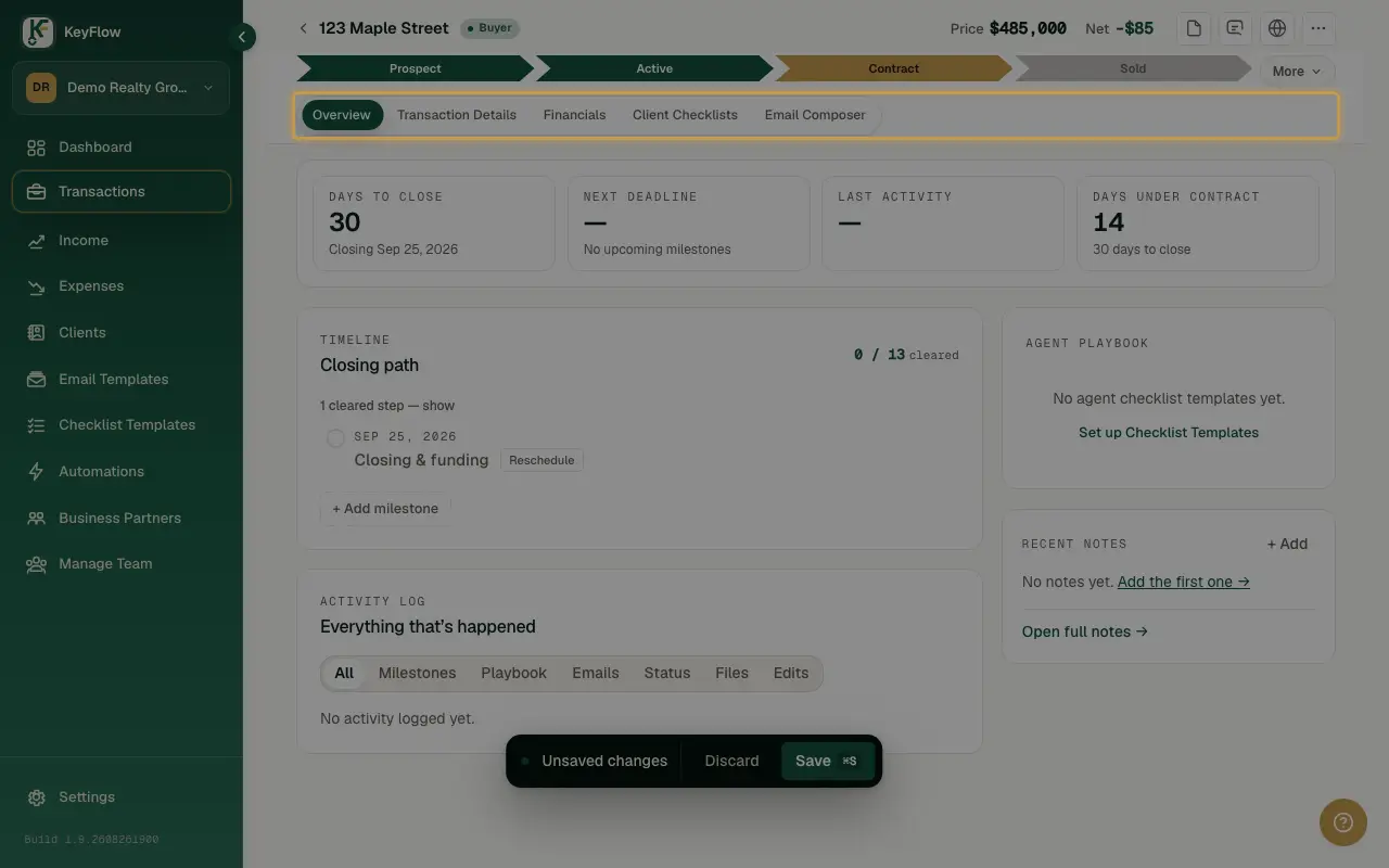The transaction form's tab rail, showing Overview, Details, Financials, Seller Net Sheet, Client Checklists, and Email Composer.