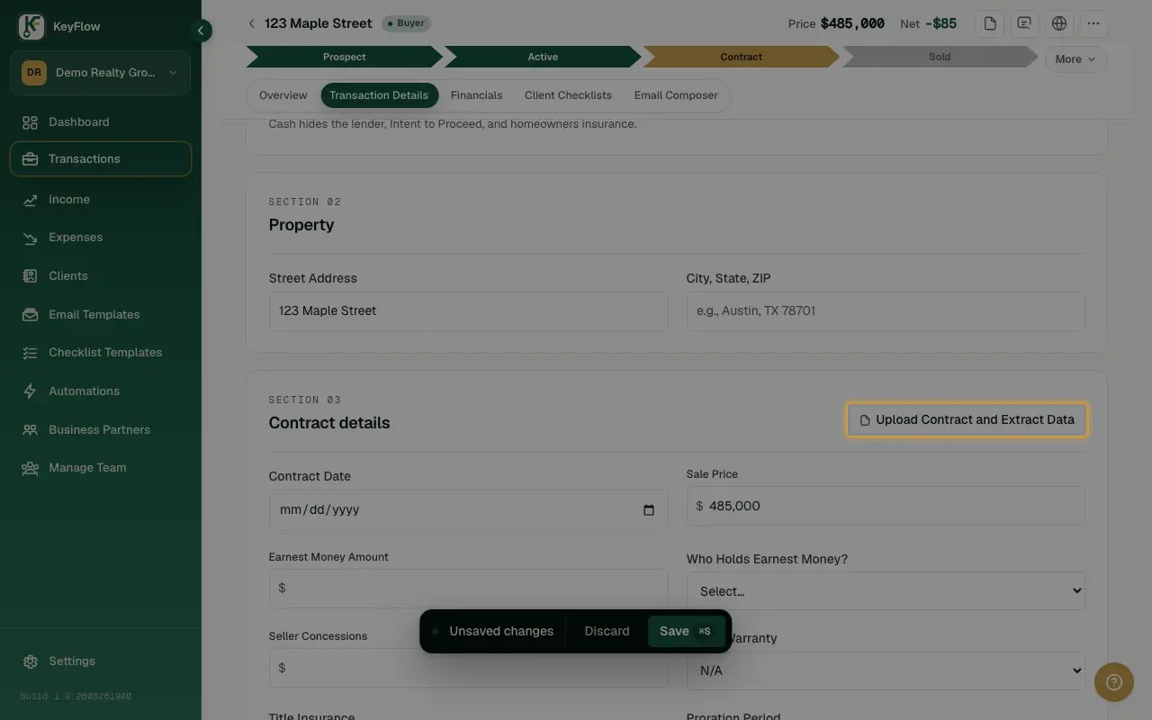 The Details tab's PDF-extract control, where a signed contract is uploaded for reading.