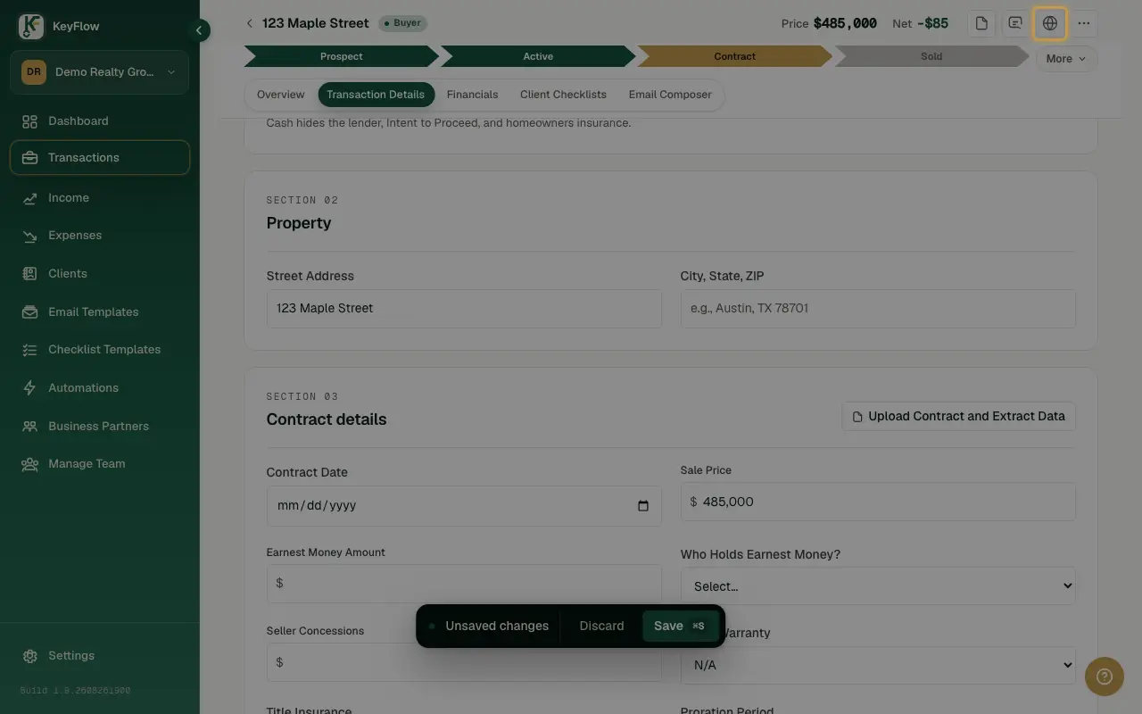 The Details tab's Contract details fields being edited, with an unsaved-changes bar prompting Save or Discard.