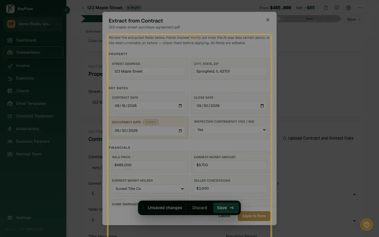 The contract review panel with the extracted property, key dates, and financial fields, and a Verify badge on the computed occupancy date.